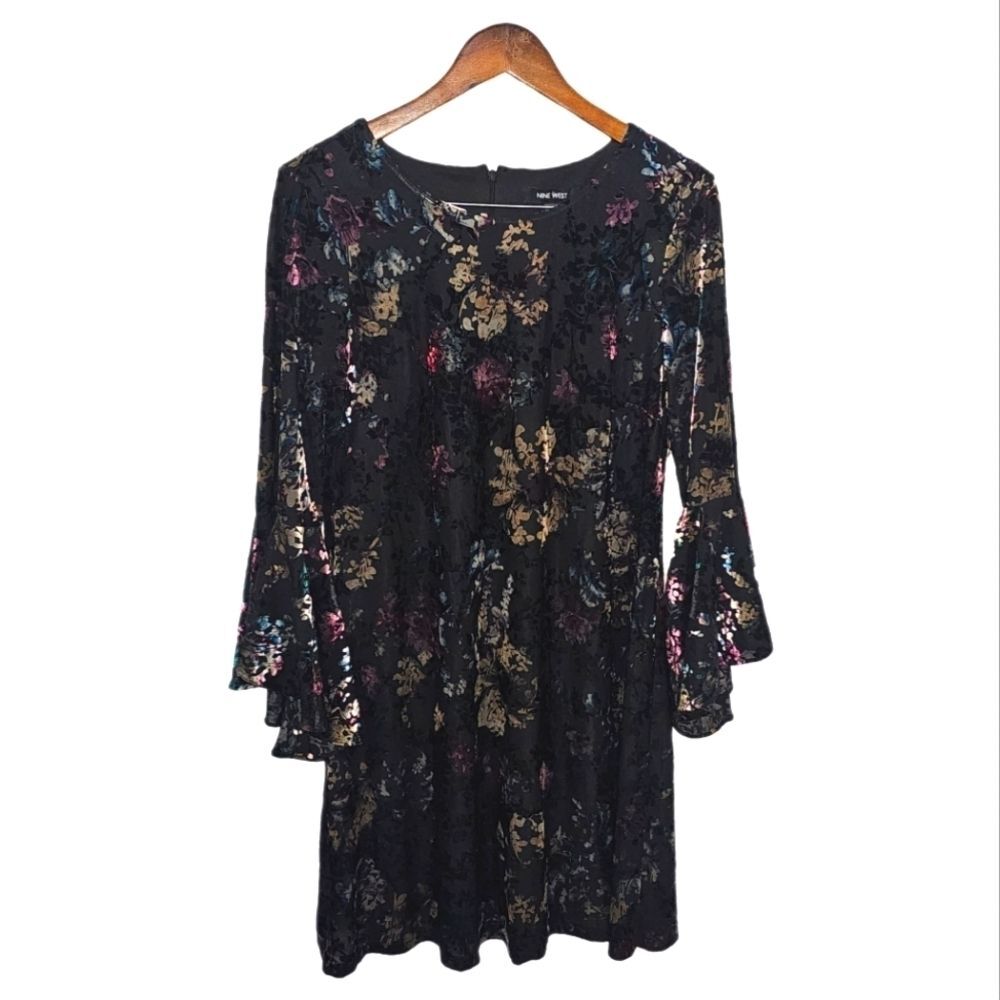 Nine west floral brocade black multicolor 3/4 bell sleeves round neck dress 8